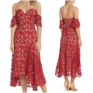 {Sau Lee} Scarlett Off Shoulder Lace Crochet Midi Dress, Size 6